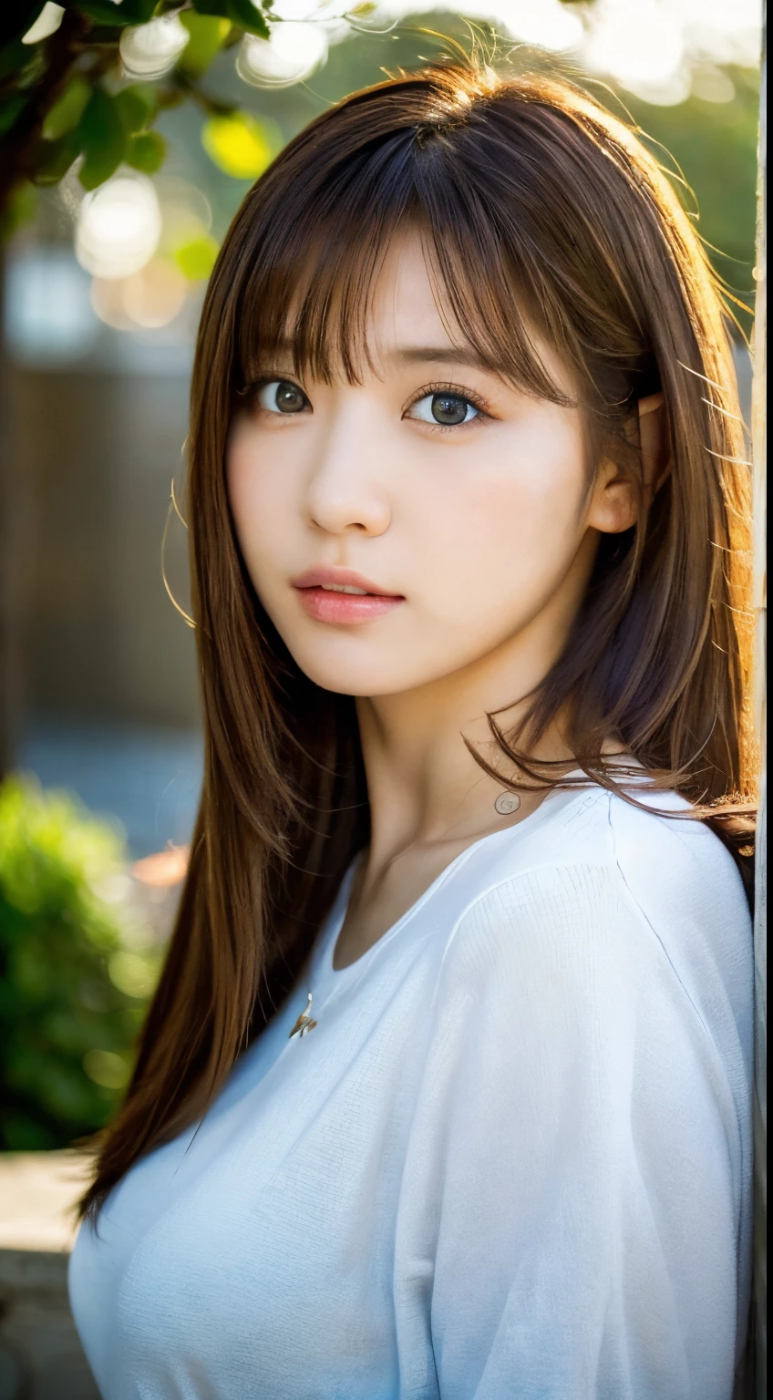 ((beste-Qualit, 8k, шедевр :1.3)), A photorealistic portrait of a 25-year-old half Japanese and half french girl with long, straight dark hair, and striking blue eyes. She should have a natural, approachable expression and be illuminated by soft, golden-hour sunlight. The background should be a scenic outdoor setting, perhaps a sunlit park or beach. Capture this image with a high-resolution photograph using an 85mm lens for a flattering perspective.
