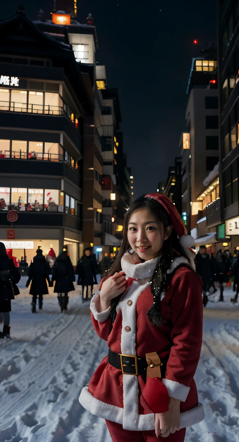 santa claus, japanaese girl, city, Night, Snow, Skyscrapers