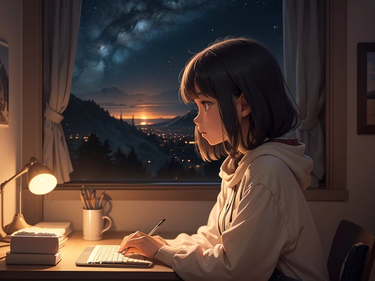 In the quiet of her room, a girl sits at her desk, her laptop open in front of her. The screen is filled with a digital canvas, and with each click of her mouse, she brings to life a stunning Studio Ghibli-inspired landscape. The night sky outside her window serves as the perfect backdrop for her artistic visions to come to life.