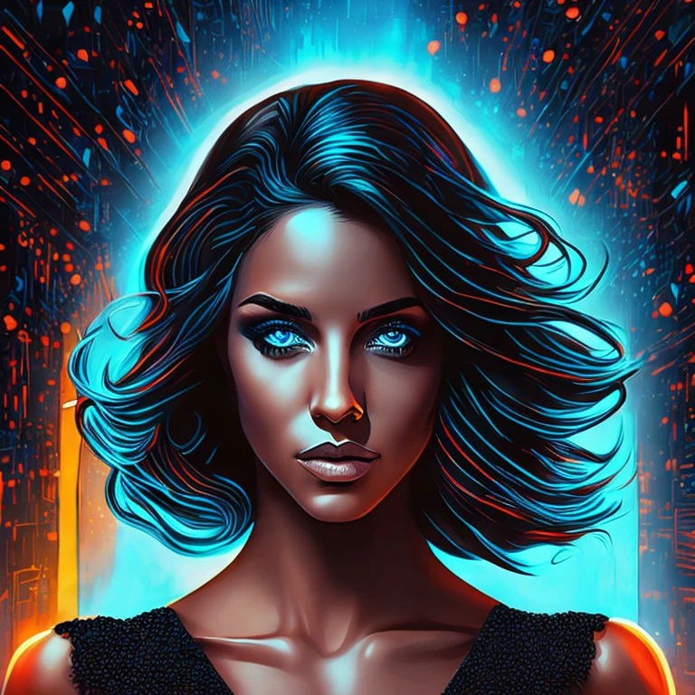 front view (beautiful Brazilian woman, blue eyes, in black dress ) artistic sharp gloomy art, (dan mumford style:1.3), hdr, realism, cinematic woman