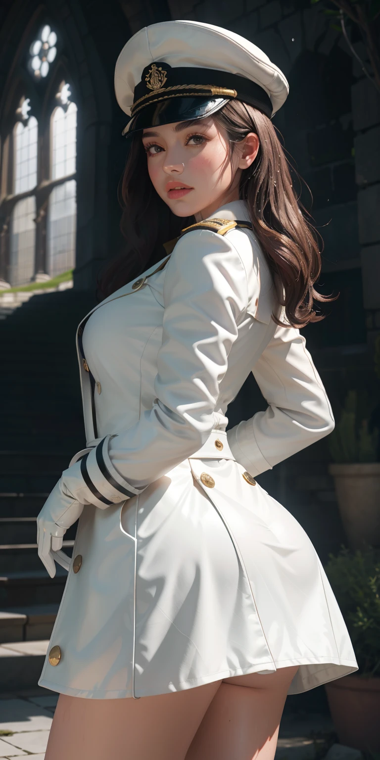 Very detailed CG, 1 girl, red face, slightly open lips, wet body, plump and symmetrical breasts, raised buttocks, long white trench coat, two-breasted buttons, buttoned well, white military cap, white gloves, white boots, green wavy curls, leather whip, chest bump close-up, buttocks close-up, multiple angles, black sky, gloomy castle, dynamic angle, flowing, 8k wallpaper, masterpiece, best quality, super detailed, best lighting, best shadows