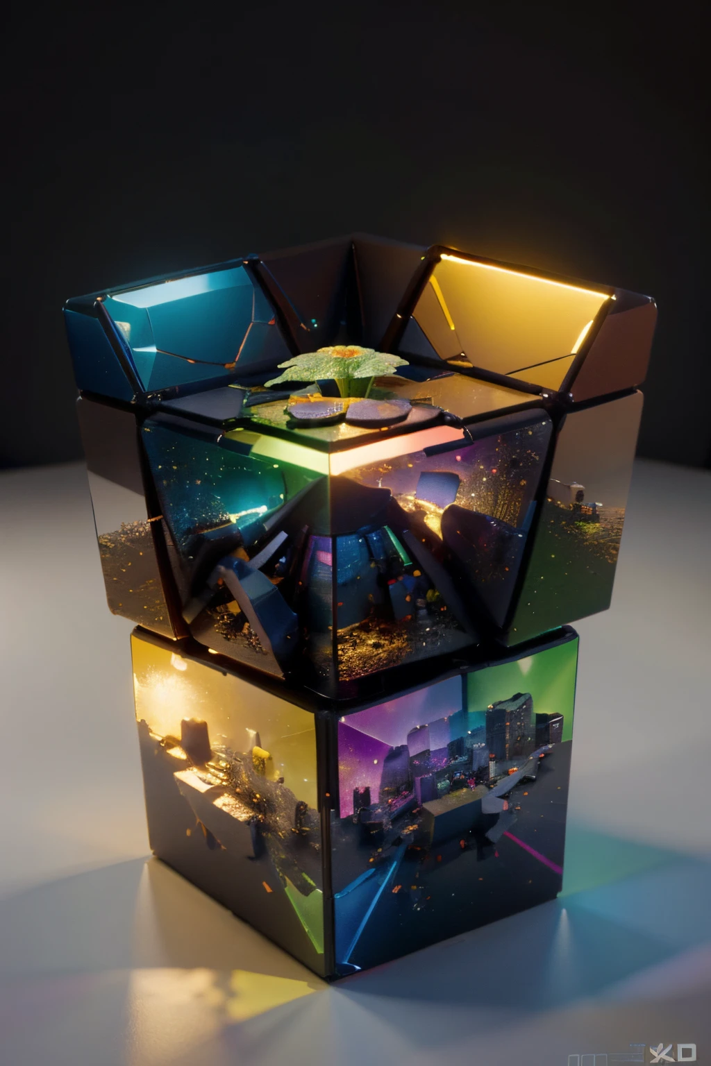 01_Three-dimensional abstraction, consisting of many blocks - cubes, pixels, multi-colored, glowing, bright, pixel blocks. In three-dimensional projection, these blocks form bizarre isometric shapes, there is a foreground, middle, and background. Isometrics. The painting depicts a three-dimensional geometric shape, a flower, a lotus, and a lily. The cubes emit a faint colored glow: geometry, stereometry , three-dimensional images, and geometric patterns. The main image is an isometric flower.
02_Style, volumetric cubism, supermatism, abstraction. Bright color painting, restrained color scheme, artistic style, 3D execution.
03_ 3D render. Visualization of a 3D scene. Highest quality, masterpiece. Cinematic quality, the film "Pixels". Sharp image. Correct isometry. Harmonious color scheme. HD quality 8K. High image quality, | Ultra HD | Full HD, cinematic rendering, 3D visualization - a masterpiece, TOP computer graphics ART. 8K rendering unity, motion capture, dark lighting, heavy shading, and great detail. (bright, photorealistic, realistic, dark, sharp focus, 8K).