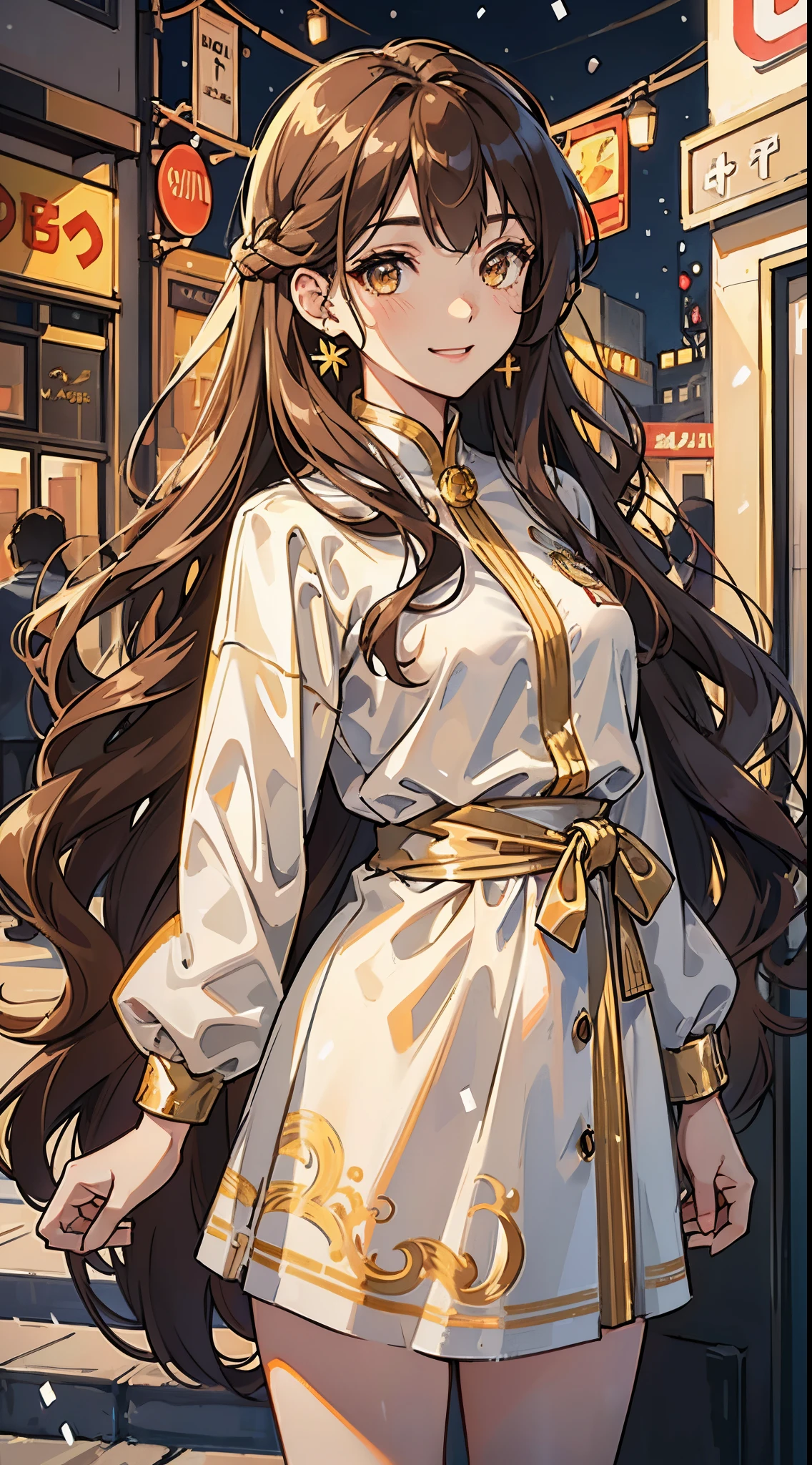Woman , long brown wavy hair, long brown wavy hair, floating wavy hair, wavy hair, golden eyes, golden eyes, FOV, f1.8, masterpiece, complex scene, front portrait shot, casual clothing, modern clothing, simple clothing, snowing, city in background, close up, smiling