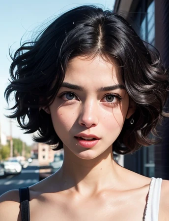 Gere uma imagem realista de uma jovem exploradora digital . Ela tem 25 anos, tem olhos castanhos expressivos e cabelos pretos com brilho natural(( hair with medium length just below the shoulder)). Its appearance is vibrant . Vista-se com estilo Equilibrando conforto e moda, ((She has a surprised facial expression)))