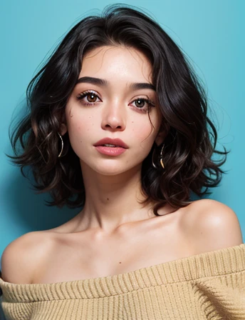 Gere uma imagem realista de uma jovem exploradora digital . Ela tem 25 anos, tem olhos castanhos expressivos e cabelos pretos com brilho natural(( hair with medium length just below the shoulder)). Its appearance is vibrant . Vista-se com estilo Equilibrando conforto e moda, ((She has a surprised facial expression)))