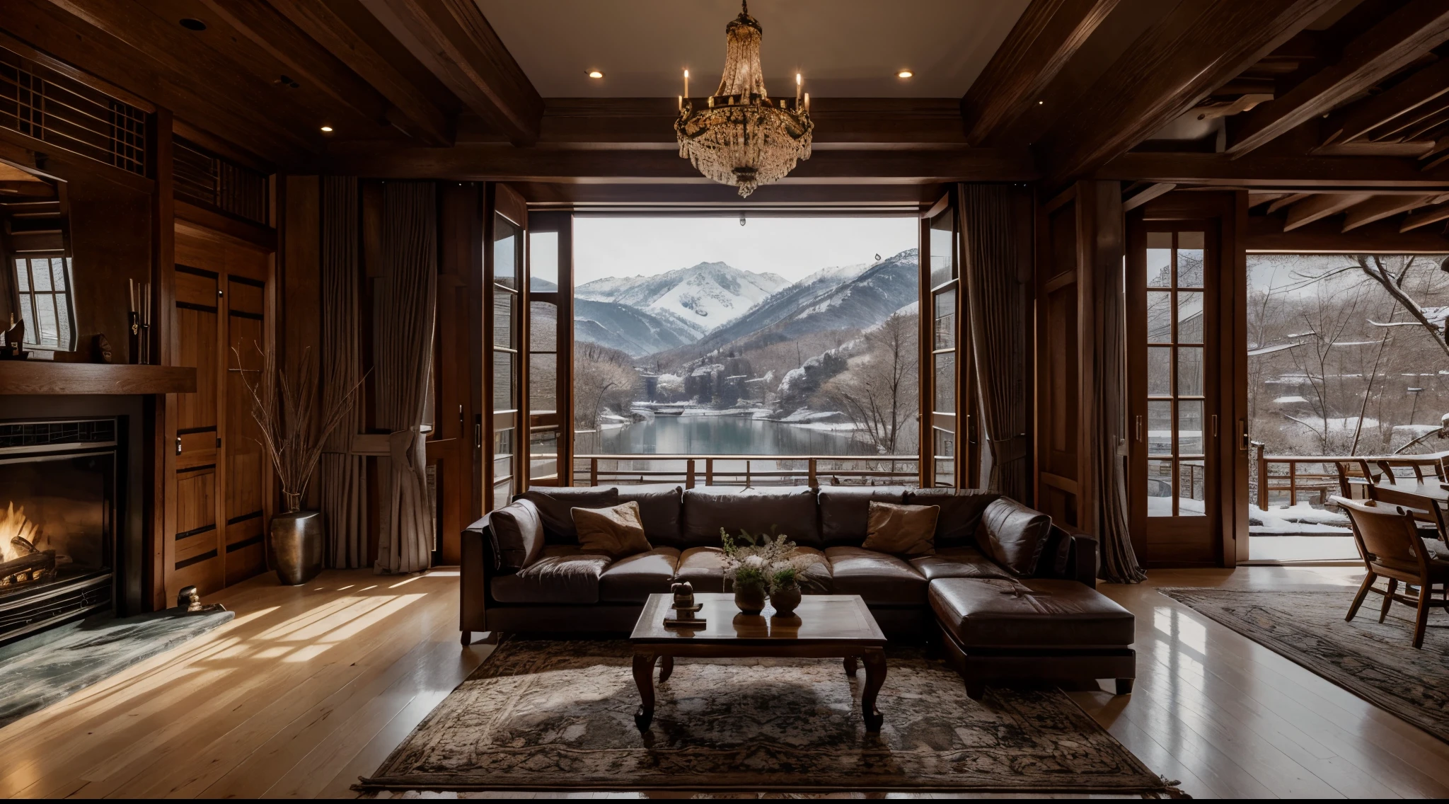 IMAGE_TYPE: Interior Design | GENRE: Luxury traditional houses in Korea | TIME OF THE DAY: Nighttime | SEASON: Winter | SCENE: a living room with a couch and a table, luxurious environment, build in a korean snowy forest near of a  lake, all in the amazing outdoors view, luxury architecture, relaxing environment, outdoor design, interior architecture view, amidst of nature fully covered, stunning architecture, luxury lifestyle