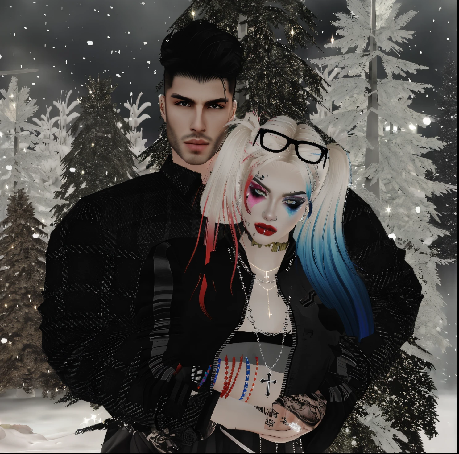 there is a man and a woman standing in the snow, chaos nightmare ❄️ amour, heavy winter aesthetics, grungy gothic, gothic harts, pose de casal, Charli Bowater e Artgeem, IMVU, frio, only snow i the background, Sakimichan e Frank Franzzeta, Winter vibes, Nevando, goth family, dark and gothic