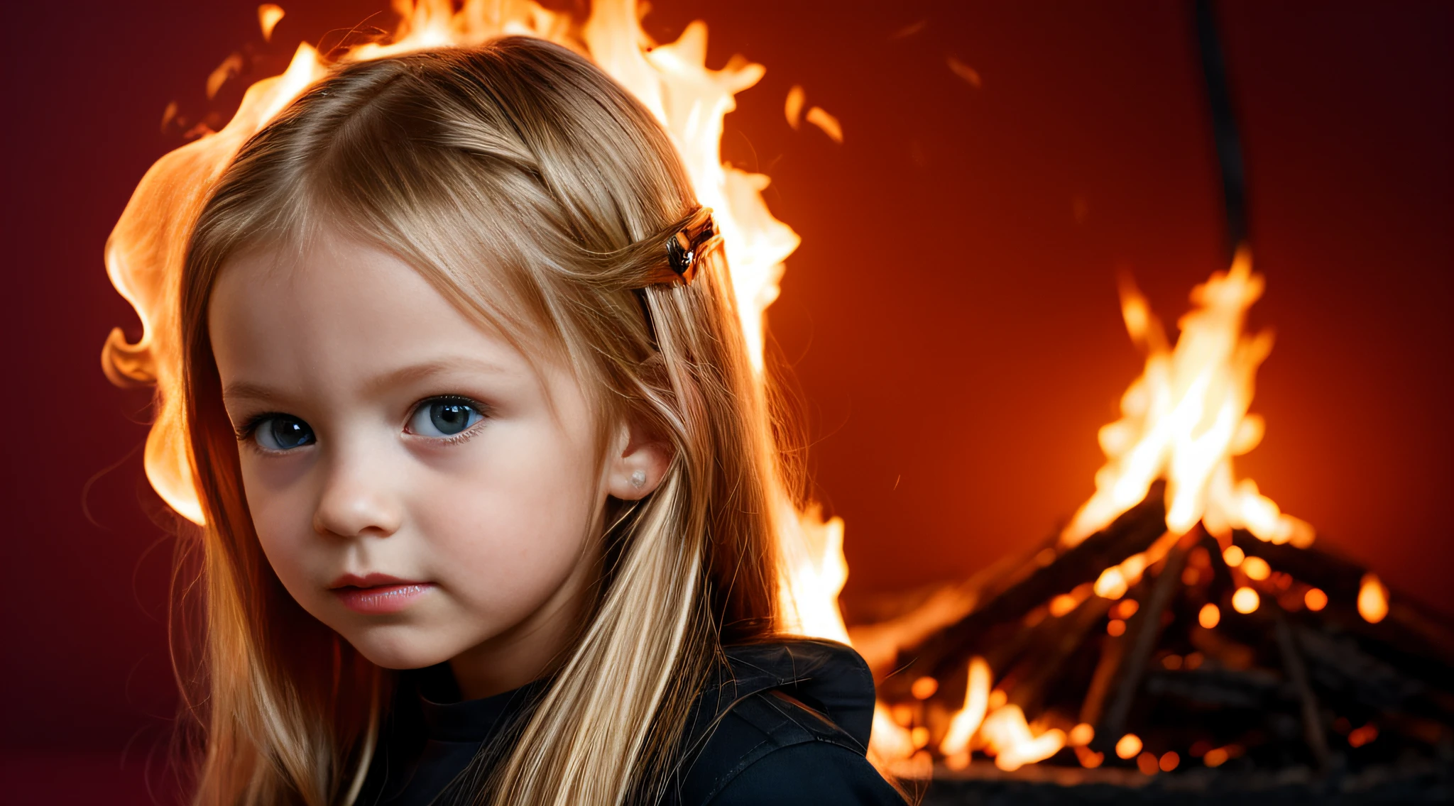 HALO EM FOGO, CHILD GIRL BLONDE LONG HAIR, fundo vermelho,