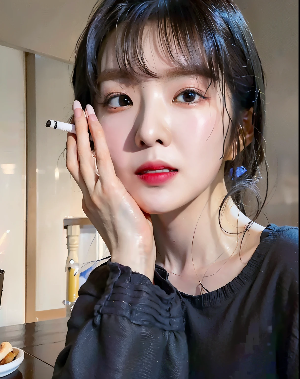 There's a woman who's smoking a cigarette in her hand, ulzzang, Ella tiene el pelo negro con flequillo, Chica coreana, 🤤 girl portrait, chica linda-fina-cara, Rasgos de la cara coreana, dilraba dilmurat, con labios muy finos, ojos suaves y barbilla estrecha, Asian face, sin maquillaje, Korean symmetrical face, with small nose