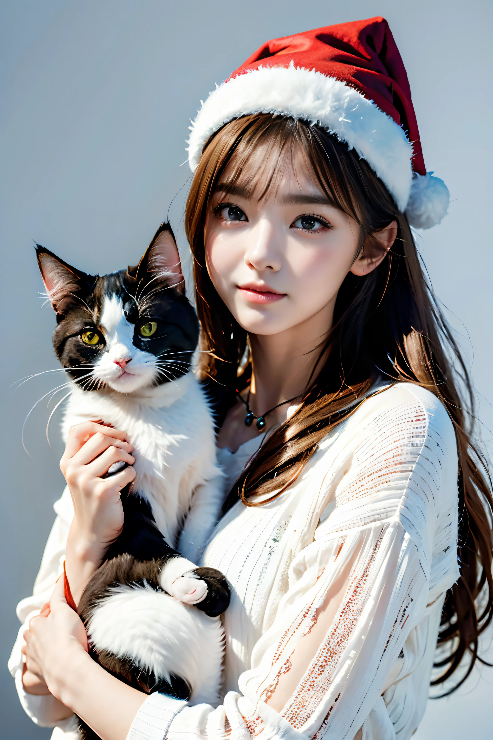 3D vector art、calico cat、Cat wearing santa hat、The cat has a bell'collars、 cute christmas gift, cat furry、Super realistic high quality, Cute and quirky, Fantasyart, Watercolor effect、girl hugging a cat