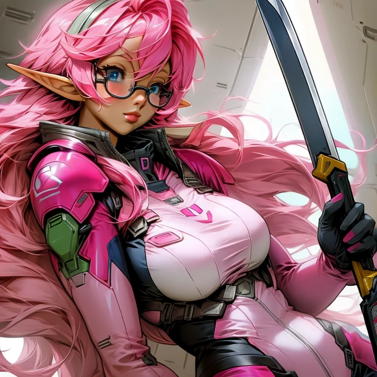 Pilot suit big breasts pink hair long knife glasses elf ears