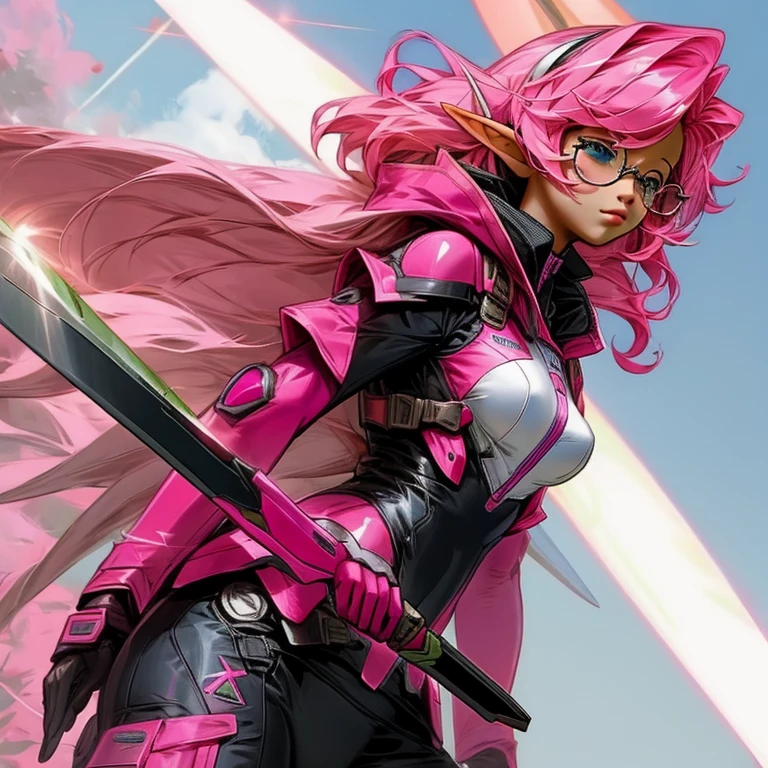 Pilot suit big breasts pink hair long knife glasses elf ears