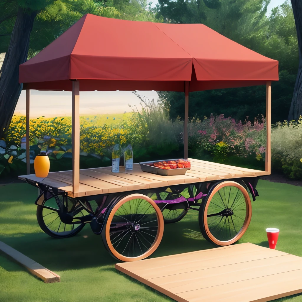 Generate an image of an All-Terrain garden wagon containing two cornhole boards, two folded chairs, a folded shade canopy, a BBQ, and a cooler