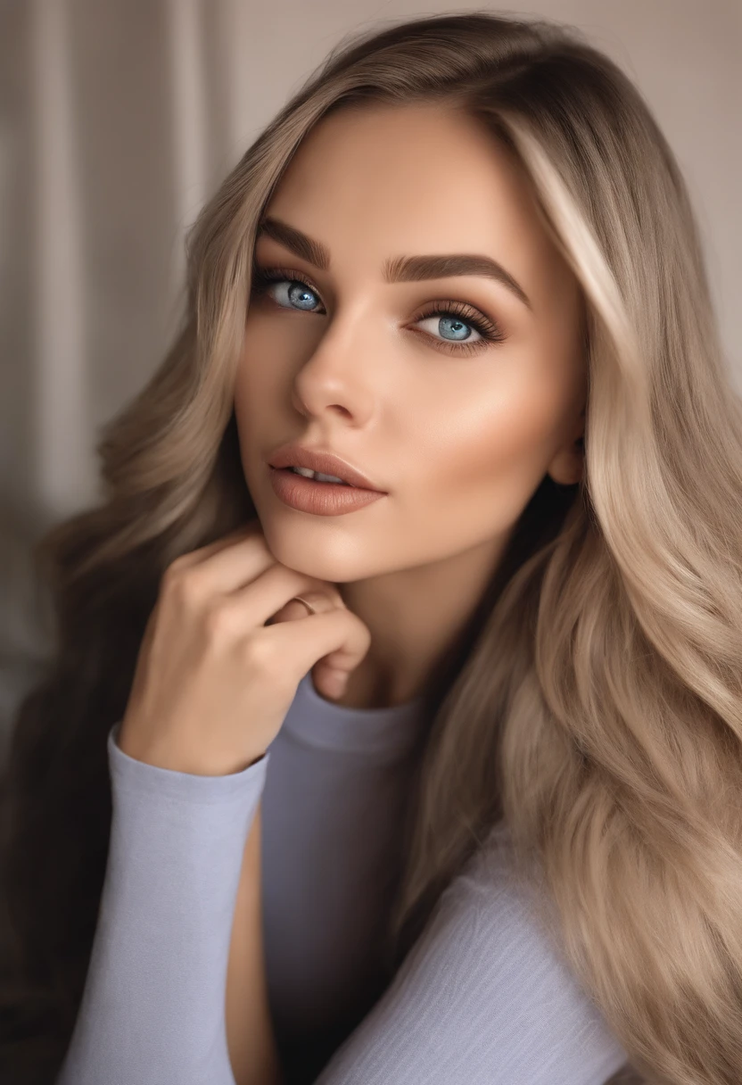 arafed woman fully , sexy girl with blue eyes, ultra realistic, meticulously detailed, portrait sophie mudd, blonde hair and large eyes, selfie of a young woman, bedroom eyes, violet myers, without makeup, natural makeup, looking directly at the camera, face with artgram, subtle makeup, stunning full body shot kneeling on bed, in bedroom, medium to large size bust