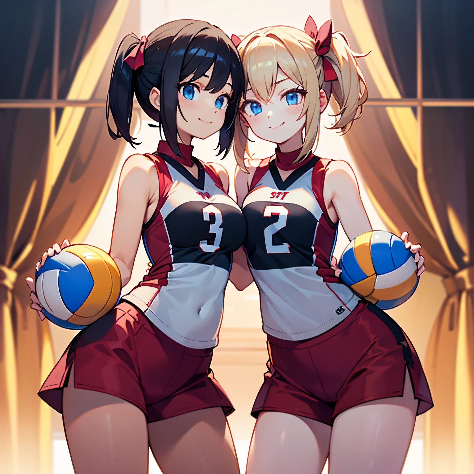 unity 8k wallpaper, anatomically correct, (((masterpiece))), (((best quality))), (((ultra detailed))), (((high-resolution))), ((super fine illustration)), ((Ultimate cutie)), detailed beautiful face, shiny hair, (medium breasts), cowboy shot,
BREAK, 2girls_A_and_B, A girl_have_{{blond twintails}}_{hair bow}_hotpink eyes_{{happy}}_{smile}_{{red sleeveless volleyball uniform}}_{{buruma}}_{kneepad}_{{{hold the volleyball}}}, B girl_have_{black short hair}_ {hair bow}_{{{blue eyes}}}_{{{smirk}}}_{{hold a volleyball}}_{{white volleyball uniform}}_{{buruma}}_kneepad