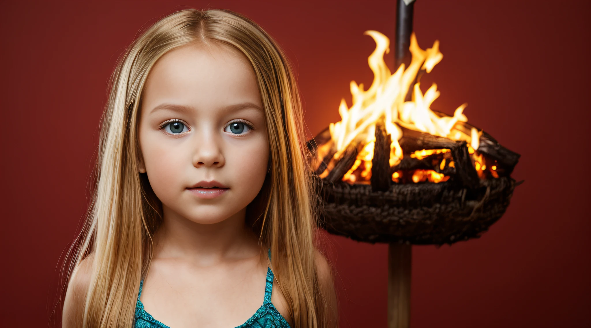 HALO EM FOGO, CHILD GIRL BLONDE LONG HAIR, fundo vermelho,