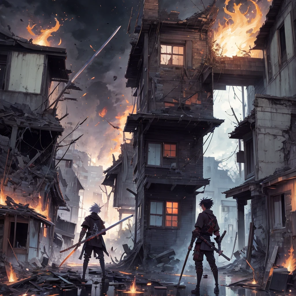 2 boys，2boy，2 anime boy，With a sword，Wield this sword，A sword surrounded by red flames，Wield this sword， Ruined suburbs，Dilapidated old house，dark backgrounds，Ultra-long viewing angle，Dilapidated house in the distance，wielding sword，wielding sword