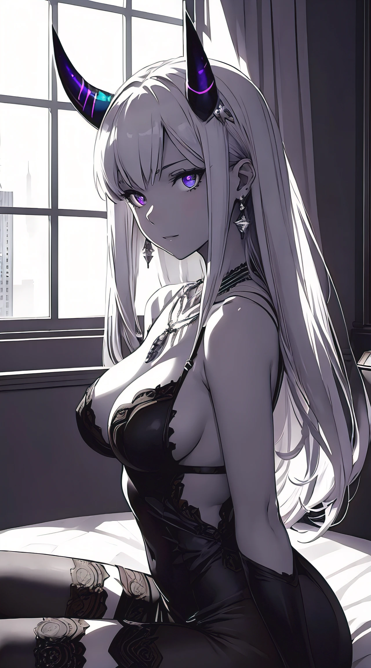 (masterpiece, best quality), 1 girl, demon girl, horns, perfect slim body, large breasts, hair ornament, earrings, necklace, portrait, silver dress, revealing clothes, highest details, luminous eyes, (hotel:1.2), sitting in bed, sitting, bed, window, night sky, backlighting, light rays, (high contrast), (colorful),