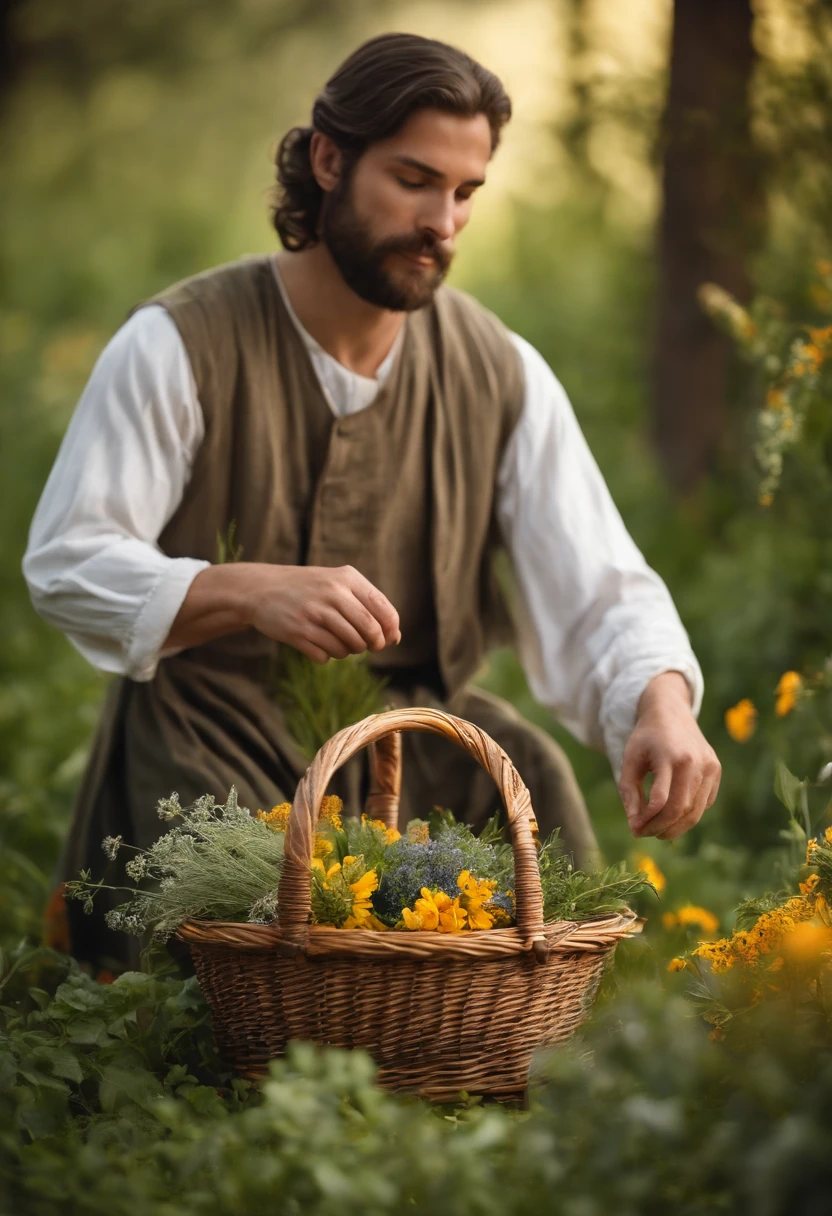 A photo of the character lovingly arranging freshly picked herbs and flowers in a delicate woven basket,original,The Bible itself, male