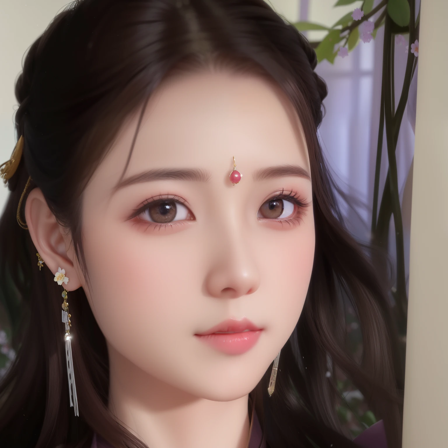 masterpiece,extremely detailed CG unity 8k wallpaper,1girl, beautiful, realistic, blurry, blurry_background, blurry_foreground, branch, brown_hair, plum blossom, depth_of_field, earrings, flower, jewelry, nose, realistic, solo,chinese clothes,fingers hidden, arms hidden