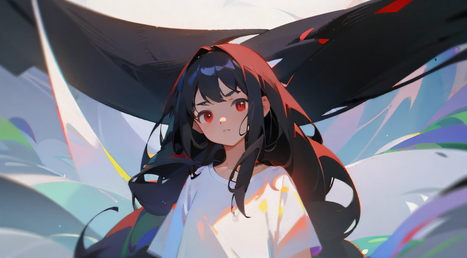 1Girl, Wearing a white t-shirt, black letters "S" draw on a t-shirt, Black long hair, Red Eye, white blank background, empty expression