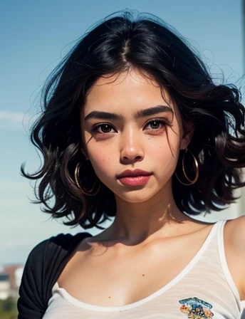 Gere uma imagem realista de uma jovem exploradora digital . Ela tem 25 anos, tem olhos castanhos expressivos e cabelos pretos com brilho natural(( hair with medium length just below the shoulder)). Its appearance is vibrant . Vista-se com camisa preta e com a cara branca de maquiagem e uma estrela preta de maquiagem em volta de um olho