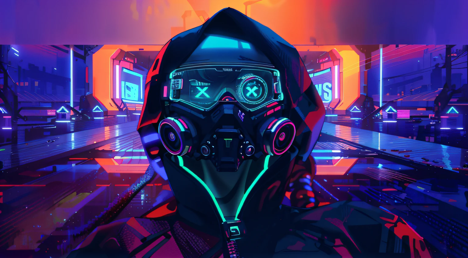 a woman with a gas mask and hoodie with neon lights, cyberpunk vibes, brilho cyberpunk brilhante, vibe cyberpunk, neon operator, neon futurista cyberpunk, neon cyberpunk, Estilo de arte cyberpunk, estilo Cyberpunk silenciado, style hybrid mix of beeple, aesthetic cyberpunk, tem estilo cyberpunk, cyberpunk cores vibrantes, neon cyberpunk, Estilo de arte cyberpunk, estilo neon Cyberpunk, aesthetic cyberpunk