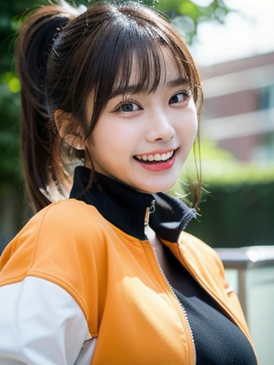(masterpiece, best quality, photo realistic, official art:1.4), (UHD, 8K quality wallpaper, High resolution, raw photo, film grain:1.2), (shiny skin), professional lighting, physically-based rendering, Award-winning, highly detailed skin, (extremely detailed face and eyes, clear pupils), Carl Zeiss 85 mm F/1.4, depth of field, BREAK, 1girl, solo, kawaii 24-year-old Korean girl, (Nogizaka idol:0.7), (Korean idol:0.9), (glossy brown hair, high ponytail, straight bangs:1.3), rounded face, single eyelid, (splash laughing:1.3), (wearing track jackets:1.3), (track pants:0.7), (breasts emphasized, well shaped medium breasts), (looking at viewer), BREAK, at a garden in a school, summer daytime, warm sunlight, (seductive posing, dynamic angle:1.3), breasts focus, upper body shot,