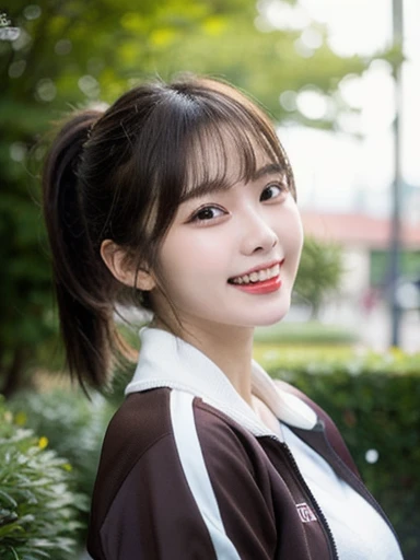 (masterpiece, best quality, photo realistic, official art:1.4), (UHD, 8K quality wallpaper, High resolution, raw photo, film grain:1.2), (shiny skin), professional lighting, physically-based rendering, Award-winning, highly detailed skin, (extremely detailed face and eyes, clear pupils), Carl Zeiss 85 mm F/1.4, depth of field, BREAK, 1girl, solo, kawaii 24-year-old Korean girl, (Nogizaka idol:0.7), (Korean idol:0.9), (glossy brown hair, high ponytail, straight bangs:1.3), rounded face, single eyelid, (splash laughing:1.3), (wearing track jackets:1.3), (track pants:0.7), (breasts emphasized, well shaped medium breasts), (looking at viewer), BREAK, at a garden in a school, summer daytime, warm sunlight, (seductive posing, dynamic angle:1.3), breasts focus, upper body shot,