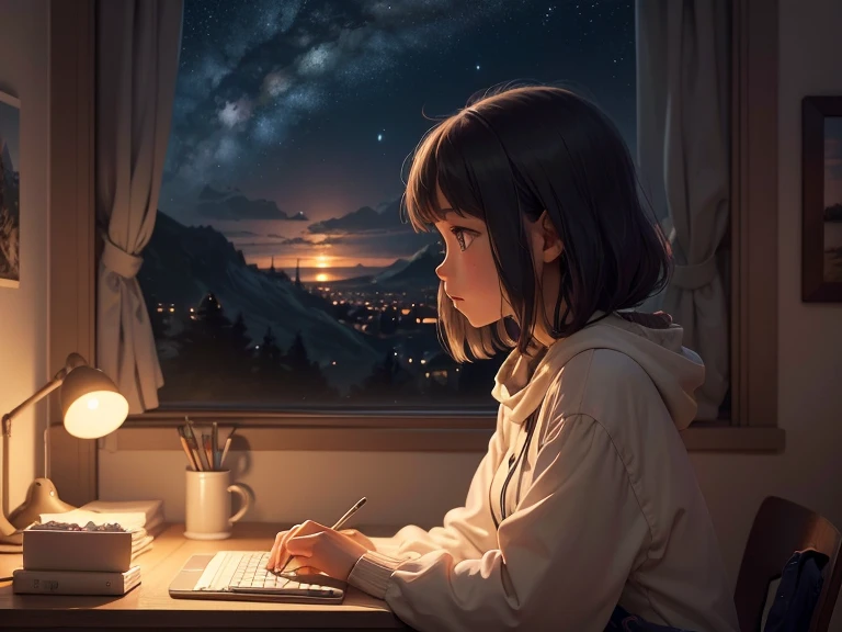 in her quiet room, A girl sits at her desk, Her laptop open in front of her. The screen is filled with a digital canvas, every mouse click, She brings stunning landscapes inspired by Studio Ghibli to life. The night sky outside the window is the perfect background for her to realize her artistic dream.