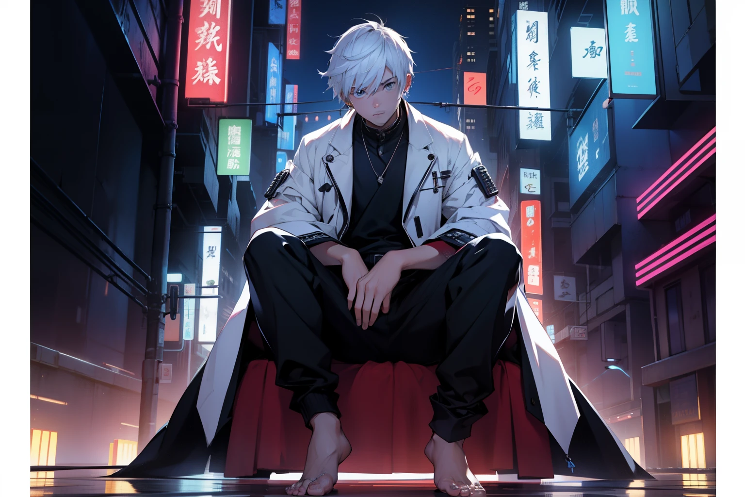 best qualtiy， tmasterpiece， 超高分辨率， detailedbackground， photorealestic， illustratio， Single， 1   boy， Shota， Barefoot， Volumetriclighting， depth of fields， shorter pants， Sit Pose， white color hair， single earring，Cyber City，nighttime scene， The character is to the right， Look from the bottom up。