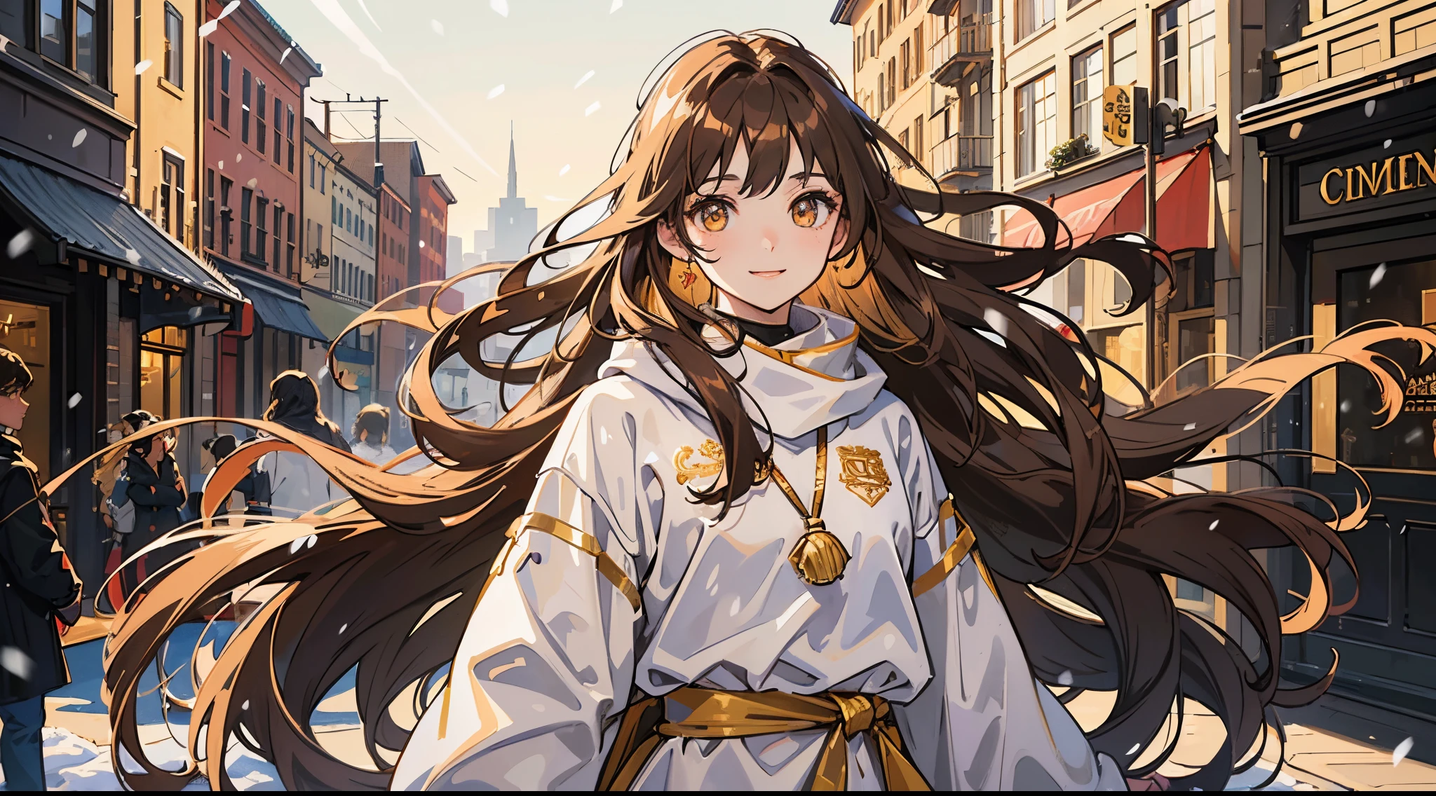 Woman , long brown wavy hair, long brown wavy hair, floating wavy hair, wavy hair, golden eyes, golden eyes, FOV, f1.8, masterpiece, complex scene, front portrait shot, casual clothing, modern clothing, simple clothing, winter clothing, snowing, city in background, close up, smiling