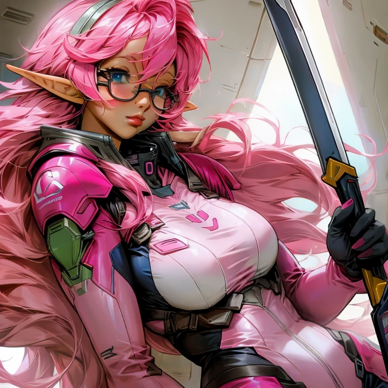 Pilot suit big breasts pink hair long glasses elf ears