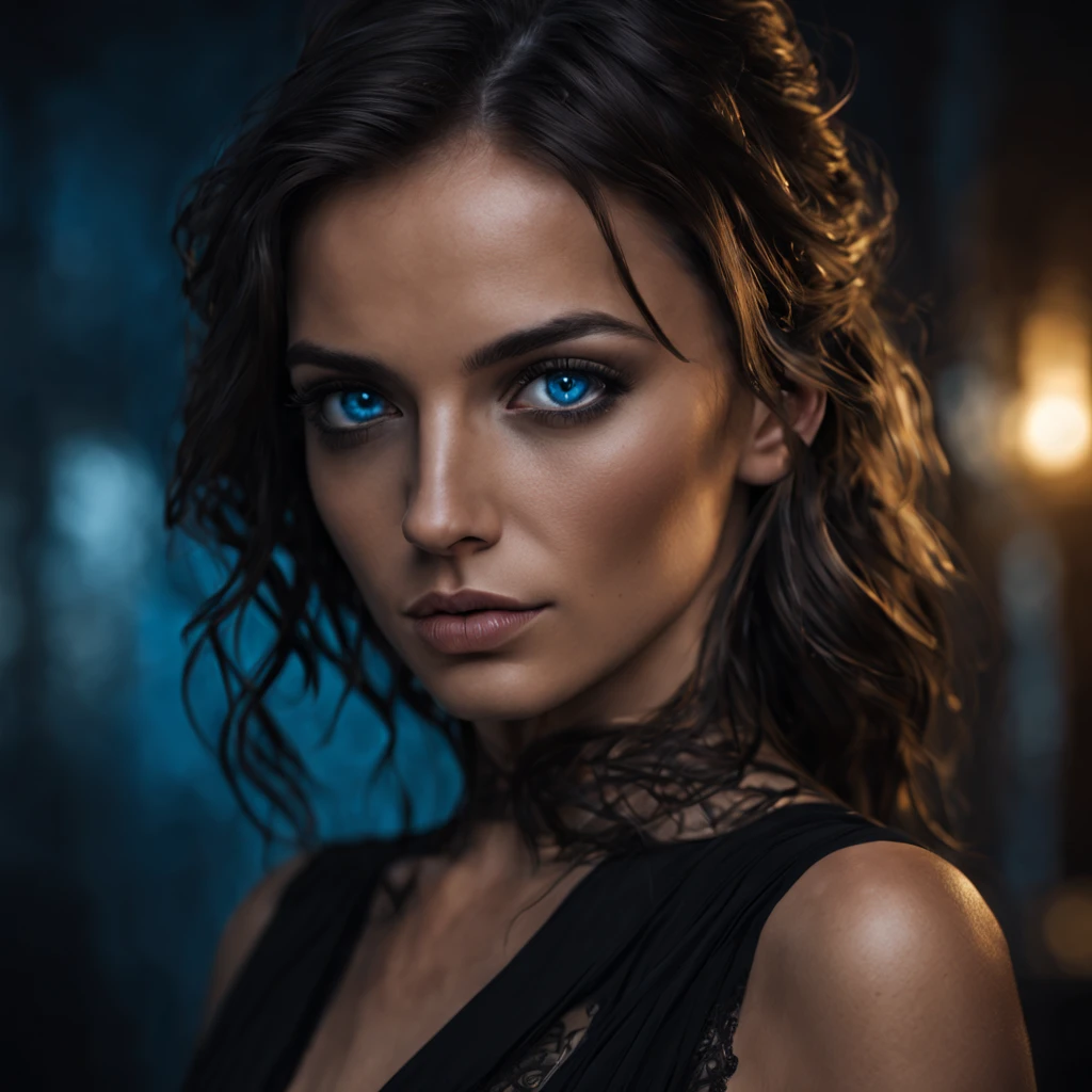 front view (beautiful Brazilian woman, blue eyes, in black dress ) artistic sharp gloomy art, (dan mumford style:1.3), hdr, realism, cinematic woman