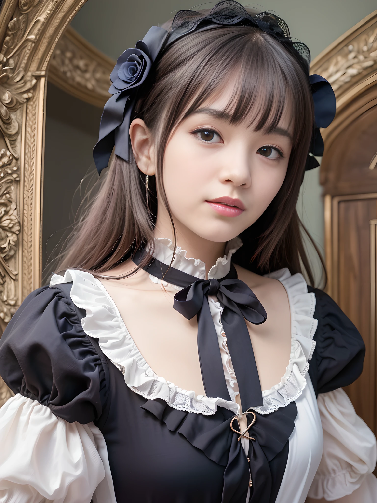 (realistic, photo-realistic:1.37), incredibly absurdres, (insanely detailed:1.3), 8k, (masterpiece), (best quality:1.4), (ultra high res:1.2), (RAW photo:1.2), ultra detailed background, (unity 8k wallpaper), 1 nogizaka girl, utterly cute, bishojo, 15yo, (gothic lolita fashion), an exquisitely detailed and beautiful face and eyes and skin, detailed black shine hair, elegant frills, frilled tie, ribbon tie, rose hair accessory, a dress with delicate lace, soft fabric, and a beautiful rose pattern, smile at the camera, cowboy shot, castles scenery in europe, professional lighting