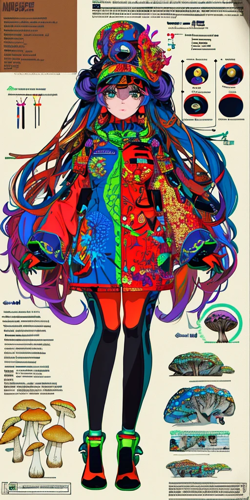 masterpiece, best quality, 1girl,highres, absurdres, full body,(ultra-detailed:1.1025), (illustration:1.1025), (infographic:1.1025), patent drawings, physical measurement,psychedelic details art, mushrooms,magical,trippy, beautiful face, seductive breast,sexy body,thick clothes,bodhisattva,(all clothes configuration:1.1025), stationery, (solo:1.1025),standing, cohesive background,normal hands, character sheet,