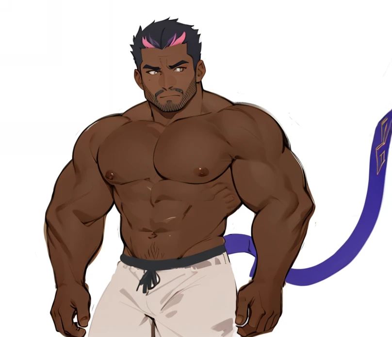 male people，with brown skin，musculature，(sbeard:0.4)，Purple tail，Black hair，gold eyes，mature，Simple lines