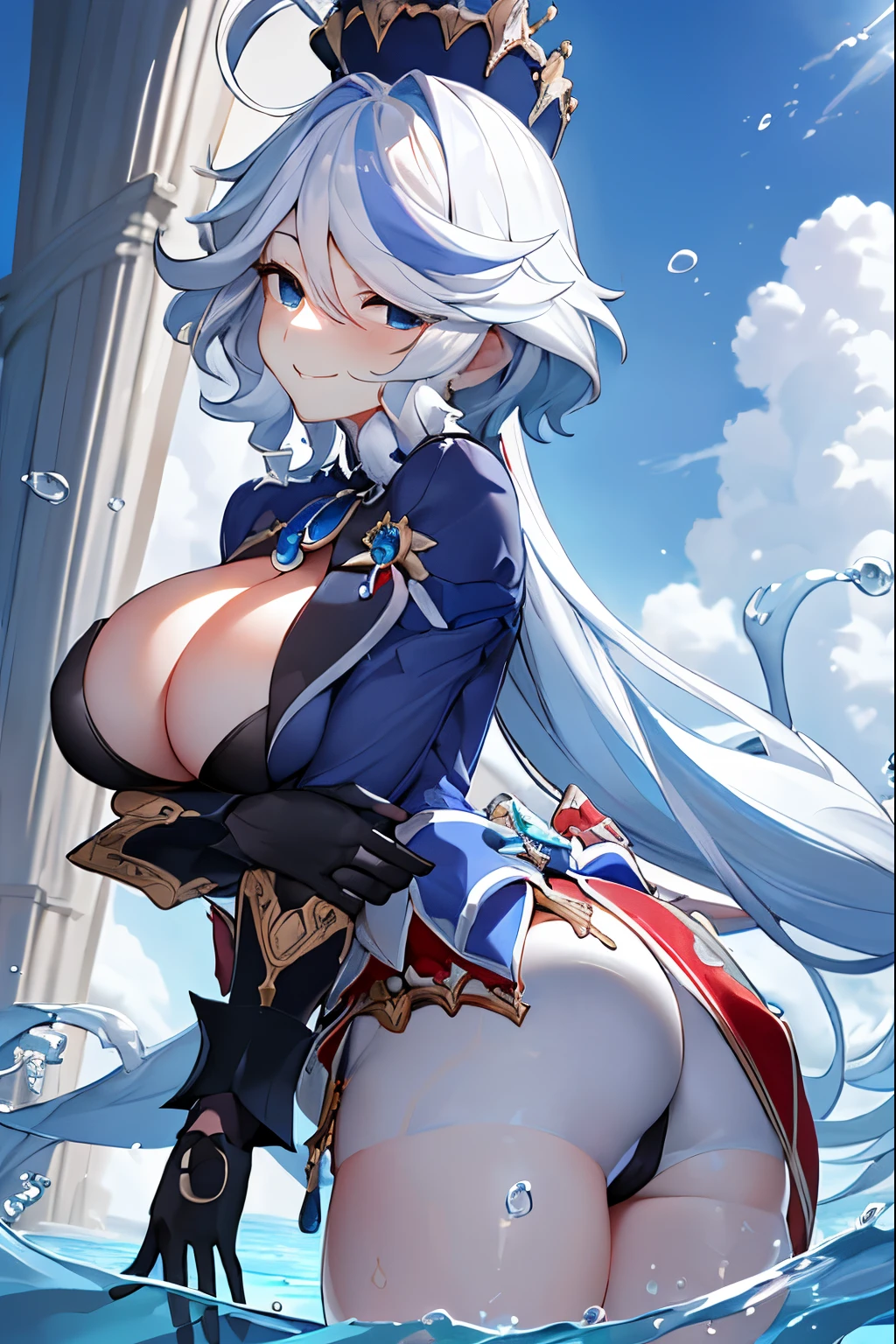 (tmasterpiece, Best quality, A high resolution),
Forina, There is cleavage, ssmile, mitts, close your mouth, upper part of body, brooch, Bow at the waist, Blue suit, ahoge, colorfulhair, whitegloves, Black gloves, white shirt, Open your clothes, Eau, Under water, the ocean,Half-naked,Sexy big ass,Fiddling with sexy ass,Expose sexy,Large exposed breasts ,protruding forward and backward,Huge cleavage,Had a great time,The face is red,titmouse