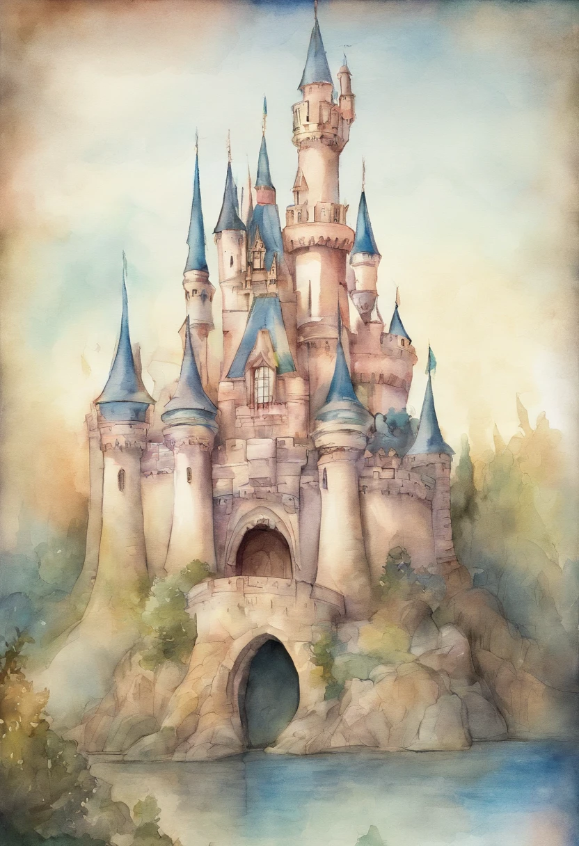 fantasy castle, fairy tale castle, disney castle, Stacia Burlington style, watercolor, soft color, Vintage images, handdrawn style,