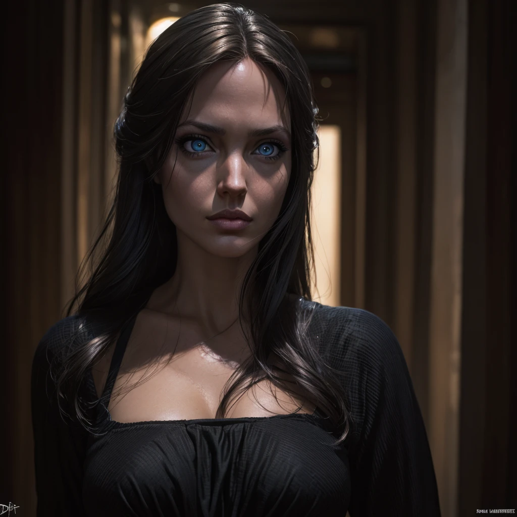 front view (beautiful Brazilian woman, blue eyes, in black dress ) artistic sharp gloomy art, (dan mumford style:1.3), hdr, realism, cinematic woman