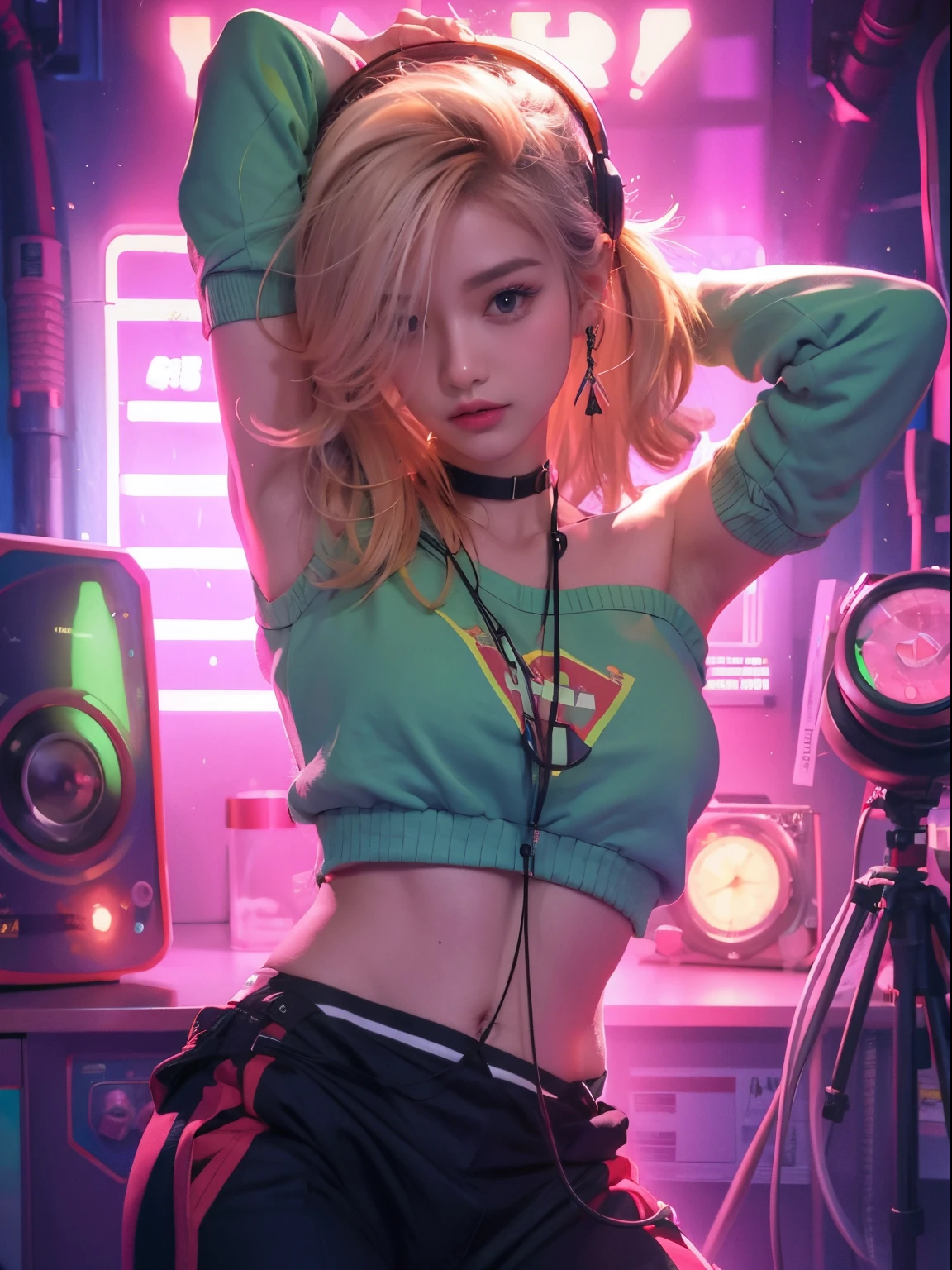 A close up of a person with headphones on in a room - SeaArt AI