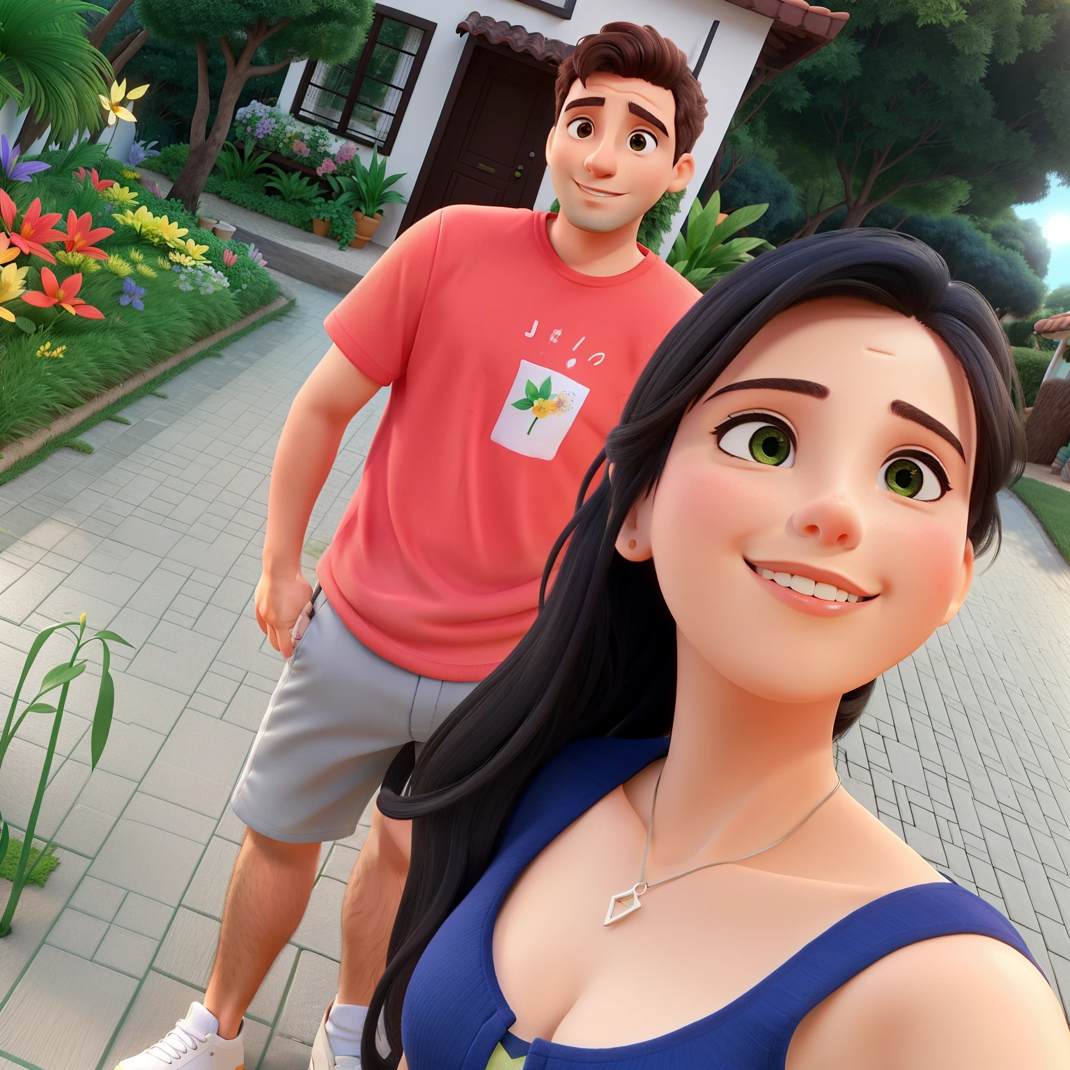 Um casal feliz na frente de um lindo jardim com flores, iluminados pelo sol, tendo como fundo uma linda casa.