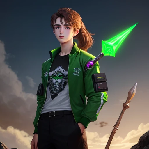 21 year old boy with brown hair and a short ponytail wearing a black T-shirt with green sleeves, the entire lower half of his body is completely cybernetic in a cartoony way made with black titanium and green light emitting in the cracks of his joints, he has green eyes, he has a black and green letterman jacket tied around his waist, and he has a large emerald obsidian spear