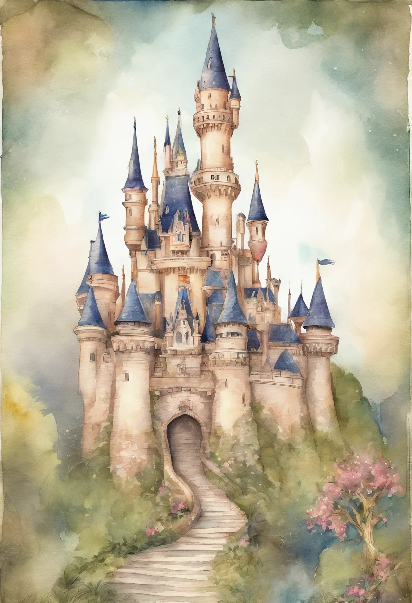fantasy castle, fairy tale castle, disney castle, Stacia Burlington style, watercolor, Vintage images, handdrawn style, digital illustration