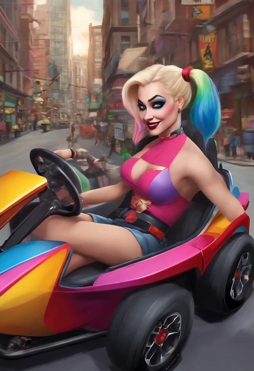 The image is of Harley Quinn riding a rainbow-colored, custom-designed go-kart through the chaotic streets of Gotham City, with a mischievous grin on her face.,Batman: The Animated Series,[Appearance= "Blonde Hair in Pigtails", "Tight Tank Top and Spandex Shorts", "Pale Complexion", "Vibrant Blue Eyes"], female