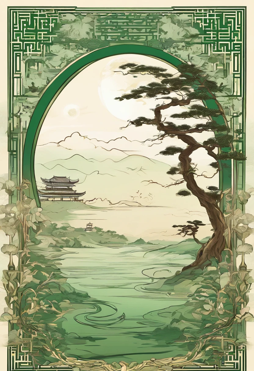 Chinese landscape,Ancient rhyme Jiangnan,Yamakawa,pines,Leave white space,، simple,themoon,Artistic sense,white and green