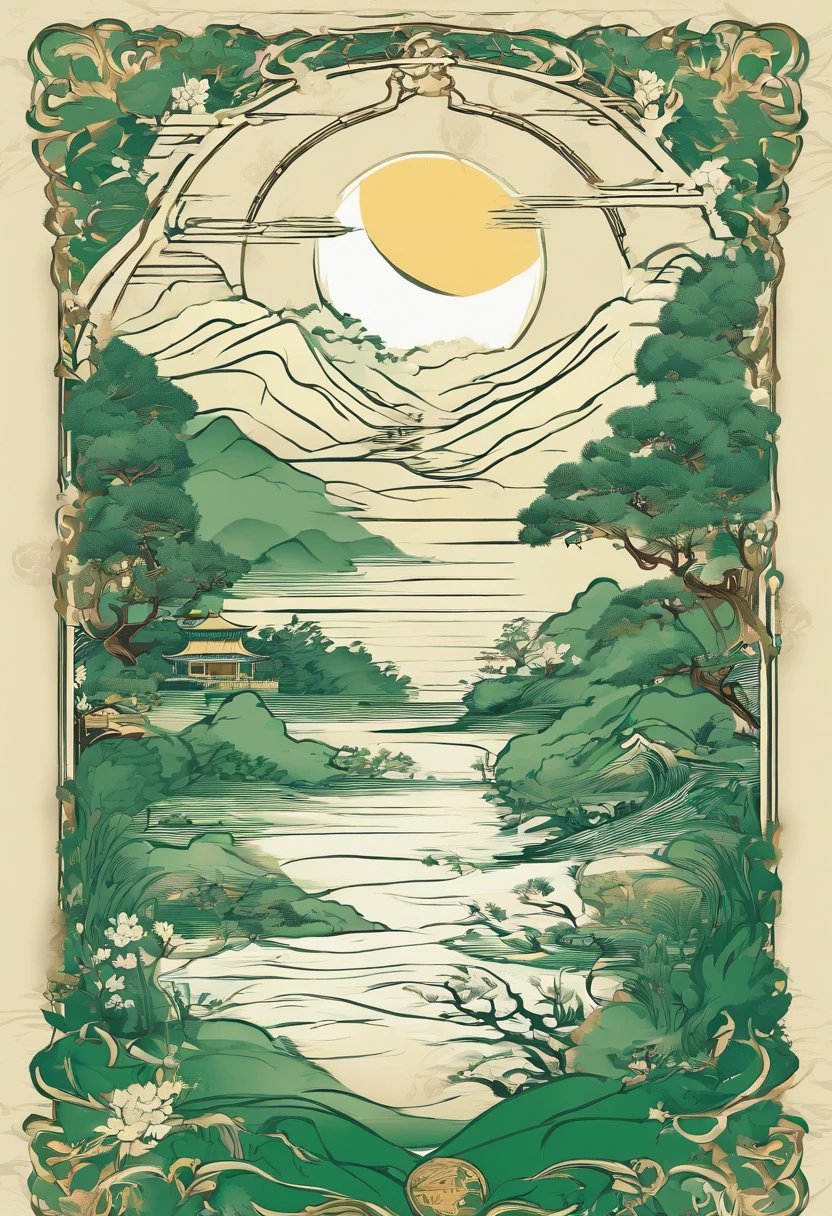 Chinese landscape，Ancient rhyme Jiangnan，Yamakawa，pines，Leave white space，، simple，themoon，Artistic sense，white and green