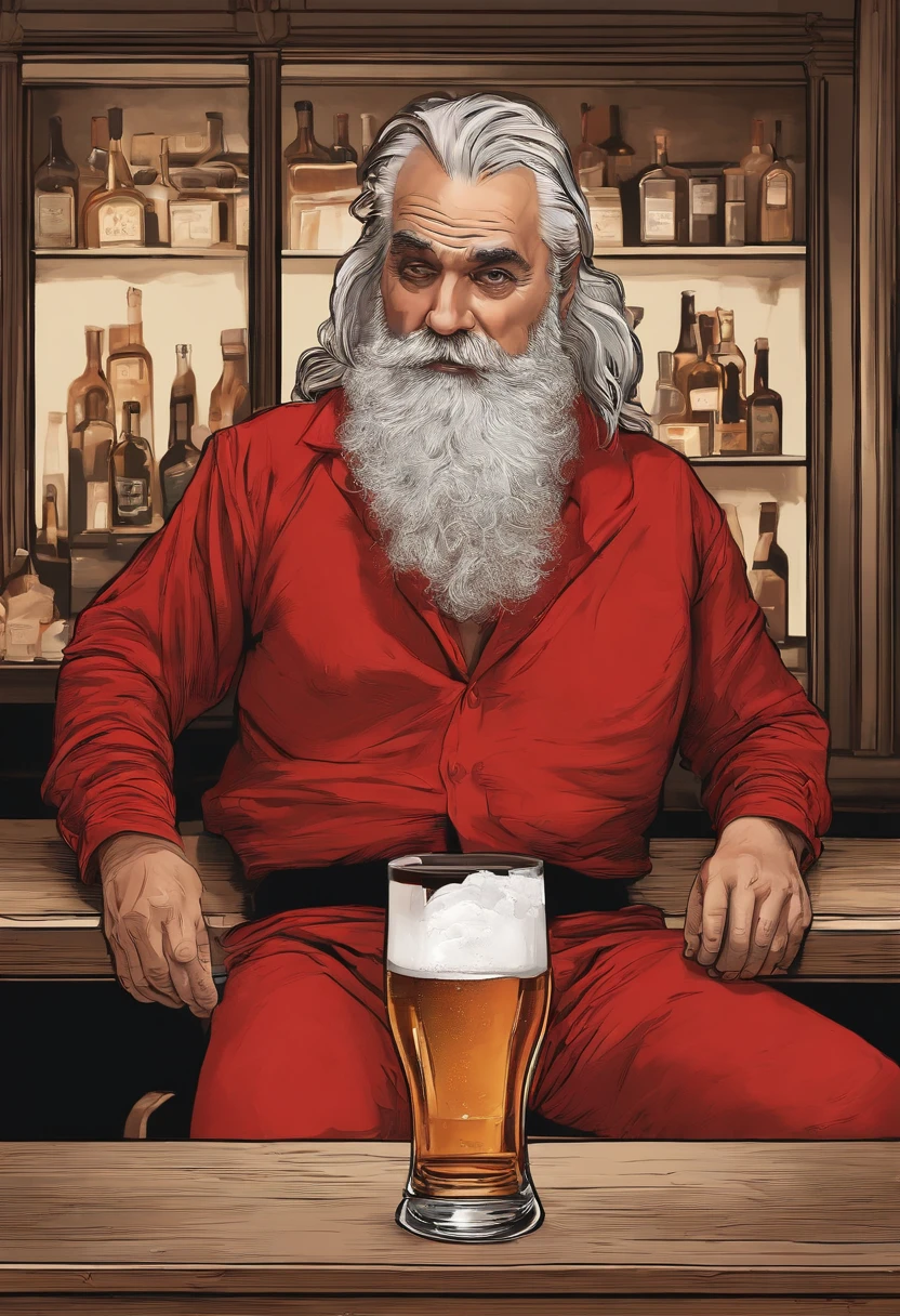 A photo of Bad Santa sitting at a bar, slouched over a glass of whiskey with a despondent expression on his face.,original,His iconic red suit, now disheveled and stained, reflects a life marred by neglect and vice. The once neatly-groomed white beard is unkempt, and his eyes, historically a source of merry twinkle, are bloodshot and weary. The robust and cheerful figure we know is replaced by a more haggard and careworn man, who carries the weight of his struggles visibly., male