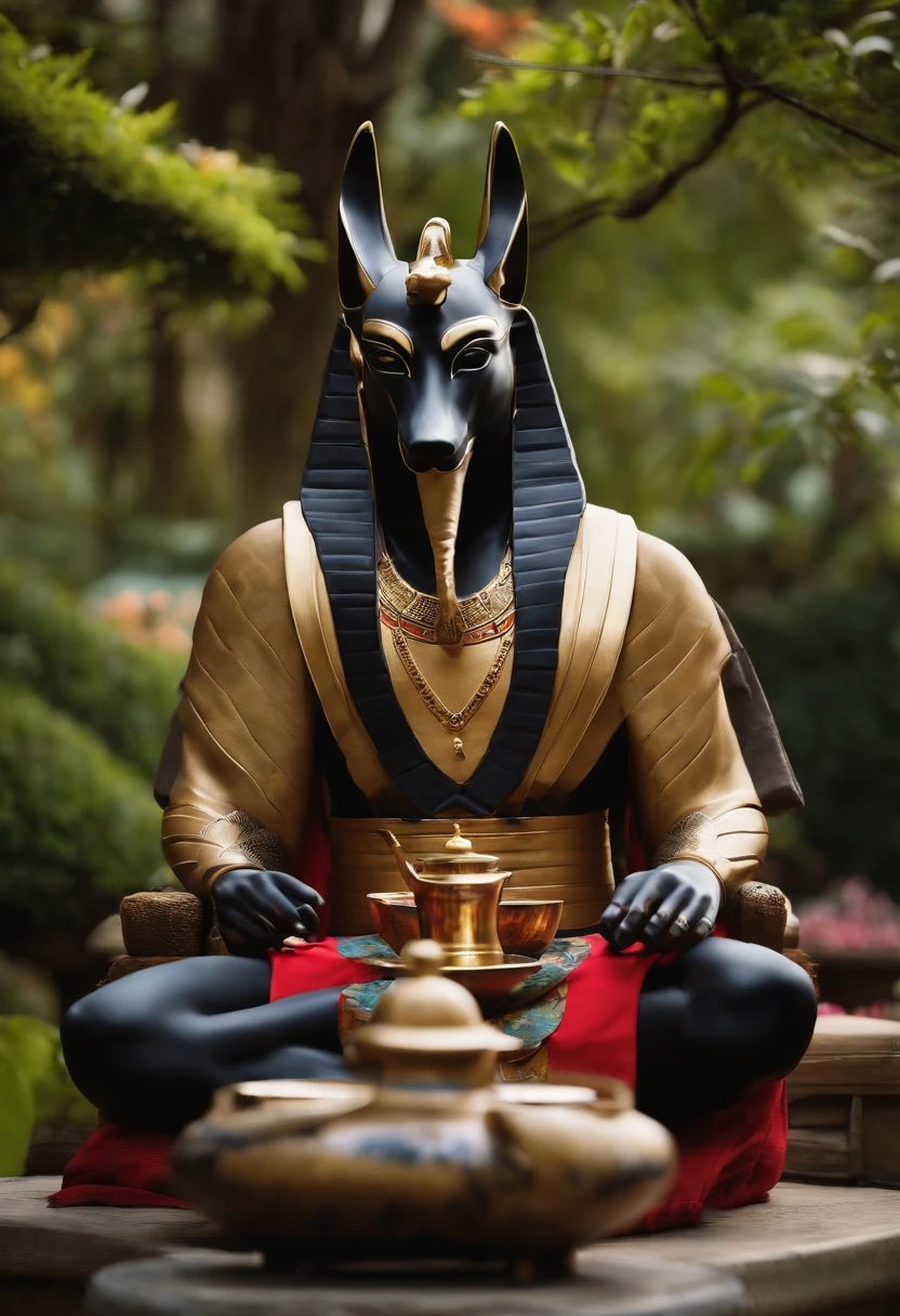A photo of Anubis silently observing a traditional tea ceremony in a serene Japanese garden.,original,anubis is a tall muscular man with the head of a jackal. he is dressed in pharaoh clothing from ancient egypt, male