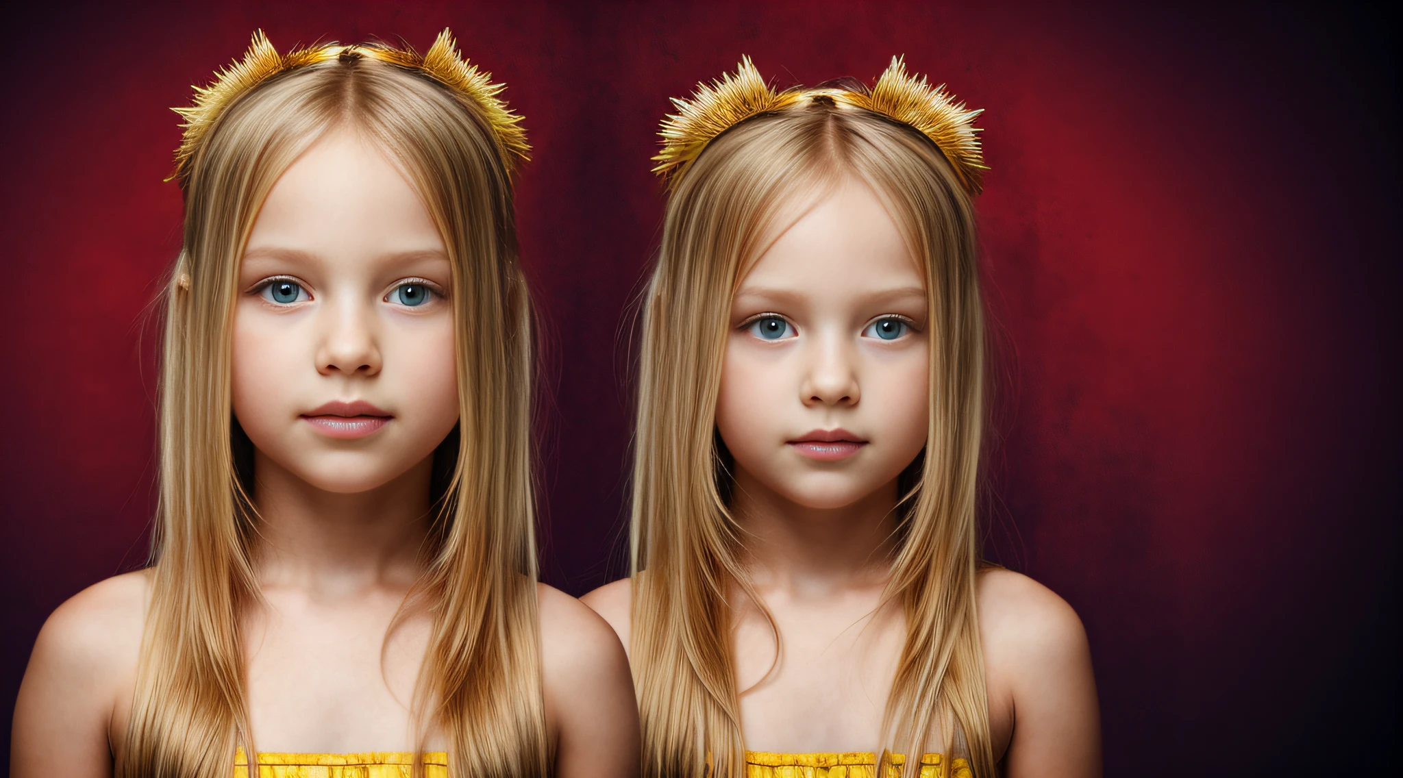 HALO NO LASER, CHILD GIRL BLONDE LONG HAIR, fundo vermelho,
